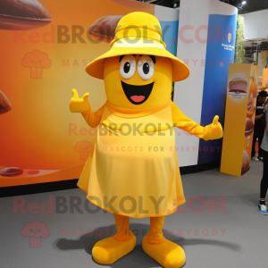 Yellow Butter Chicken mascot costume character dressed with a Tank Top and Hats