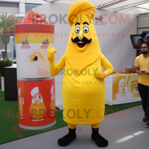 Yellow Butter Chicken mascot costume character dressed with a Tank Top and Hats