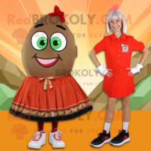 Tan Shakshuka mascot costume character dressed with a Mini Skirt and Shoe clips