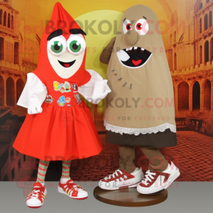 Tan Shakshuka mascot costume character dressed with a Mini Skirt and Shoe clips