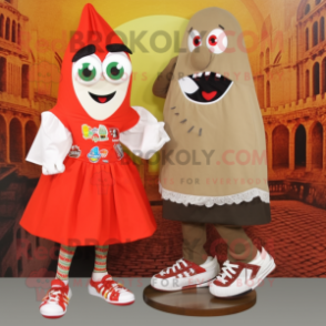 Tan Shakshuka mascot costume character dressed with a Mini Skirt and Shoe clips