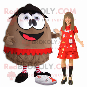 Tan Shakshuka mascot costume character dressed with a Mini Skirt and Shoe clips