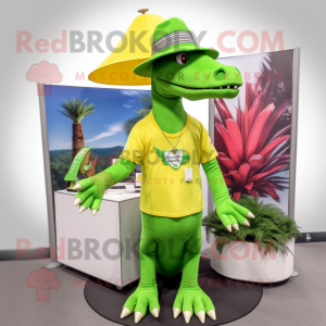 Lime Green Spinosaurus mascot costume character dressed with a V-Neck Tee and Hat pins