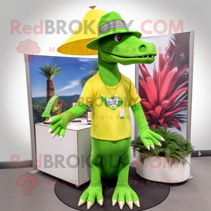 Lime Green Spinosaurus mascot costume character dressed with a V-Neck Tee and Hat pins