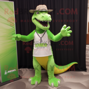 Lime Green Spinosaurus mascot costume character dressed with a V-Neck Tee and Hat pins