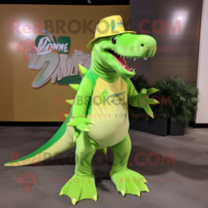 Lime Green Spinosaurus mascot costume character dressed with a V-Neck Tee and Hat pins