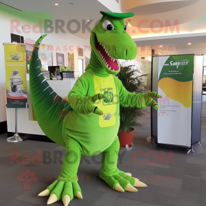 Lime Green Spinosaurus mascot costume character dressed with a V-Neck Tee and Hat pins