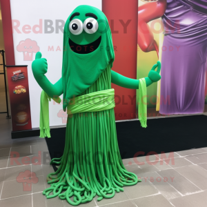 Green Spaghetti mascot costume character dressed with a Maxi Dress and Scarf clips