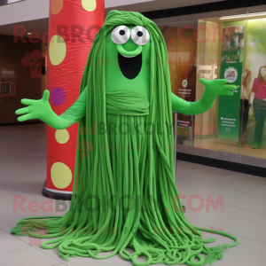 Green Spaghetti mascot costume character dressed with a Maxi Dress and Scarf clips