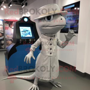 Silver Lizard mascot costume character dressed with a Midi Dress and Berets