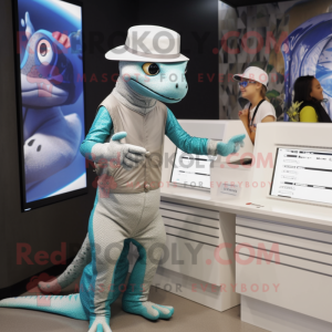 Silver Lizard mascot costume character dressed with a Midi Dress and Berets