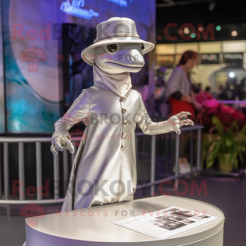 Silver Lizard mascot costume character dressed with a Midi Dress and Berets Silver Lizard mascot costume character dressed with a Midi Dress and Berets