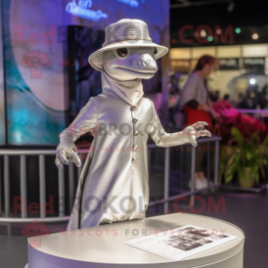 Silver Lizard mascot costume character dressed with a Midi Dress and Berets