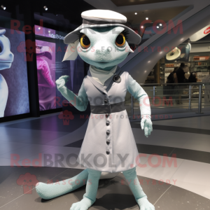 Silver Lizard mascot costume character dressed with a Midi Dress and Berets