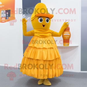 Orange Bottle Of Mustard mascot costume character dressed with a Pleated Skirt and Mittens