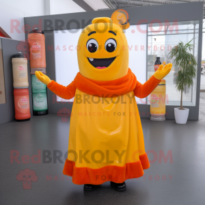 Orange Bottle Of Mustard mascot costume character dressed with a Pleated Skirt and Mittens