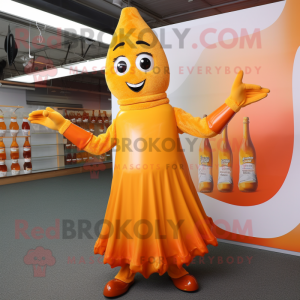 Orange Bottle Of Mustard mascot costume character dressed with a Pleated Skirt and Mittens