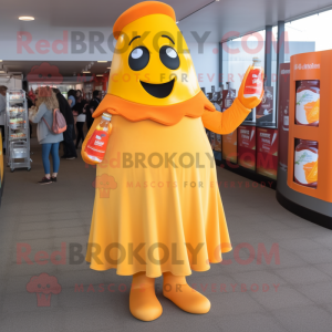 Orange Bottle Of Mustard mascot costume character dressed with a Pleated Skirt and Mittens