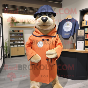 Peach Navy Seal mascot costume character dressed with a Oxford Shirt and Shawls