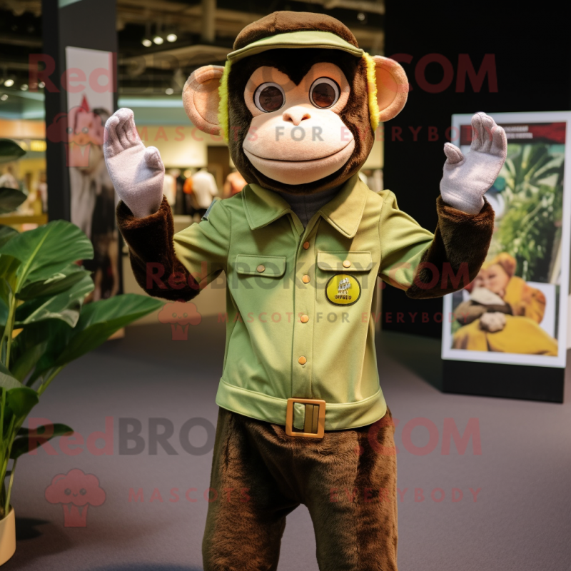 Olive Monkey mascot costume character dressed with a Blouse and Suspenders