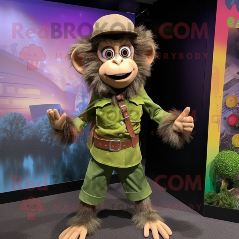 Olive Monkey mascot costume character dressed with a Blouse and Suspenders