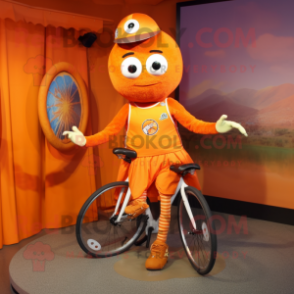 Orange Unicyclist mascot costume character dressed with a Shorts and Shawl pins