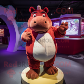 Maroon Hippopotamus mascot costume character dressed with a Playsuit and Rings