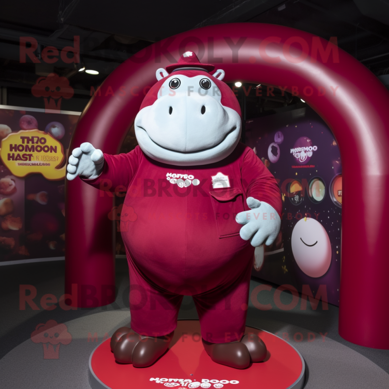 Maroon Hippopotamus mascot costume character dressed with a Playsuit and Rings Maroon Hippopotamus mascot costume character dressed with a Playsuit and Rings