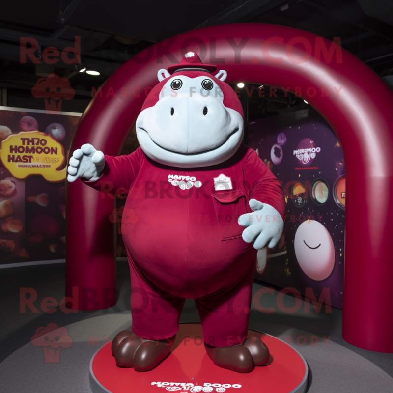 Maroon Hippopotamus mascot costume character dressed with a Playsuit and Rings