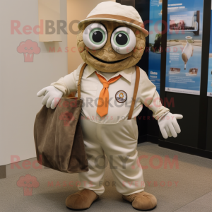 Tan Oyster mascot costume character dressed with a Button-Up Shirt and Tote bags