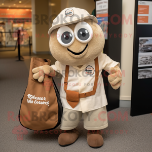 Tan Oyster mascot costume character dressed with a Button-Up Shirt and Tote bags