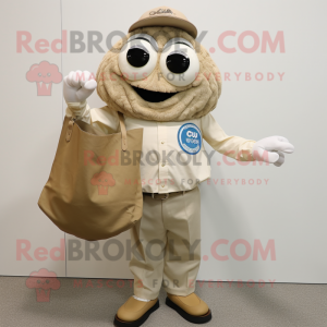 Tan Oyster mascot costume character dressed with a Button-Up Shirt and Tote bags