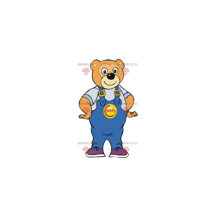 Brun björnmaskot som ler med blå overaller - Redbrokoly.com