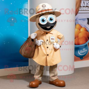 Tan Oyster mascot costume character dressed with a Button-Up Shirt and Tote bags