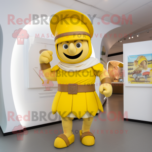 Yellow Roman Soldier mascot costume character dressed with a Playsuit and Hats