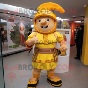 Yellow Roman Soldier mascot costume character dressed with a Playsuit and Hats