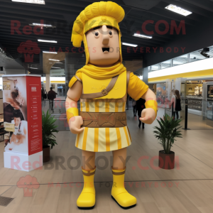 Yellow Roman Soldier mascot costume character dressed with a Playsuit and Hats