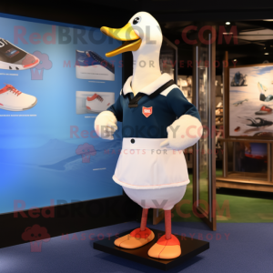 White Geese mascot costume character dressed with a Rugby Shirt and Lapel pins