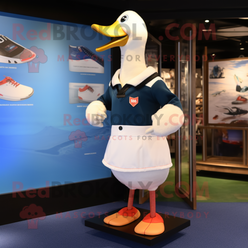 White Geese mascot costume character dressed with a Rugby Shirt and Lapel pins White Geese mascot costume character dressed with a Rugby Shirt and Lapel pins