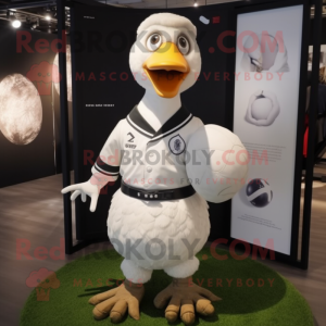 White Geese mascot costume character dressed with a Rugby Shirt and Lapel pins