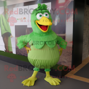 Green Chicken mascot costume character dressed with a Culottes and Shoe laces