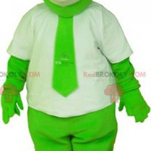 Zelený medvěd maskot oblečený v bílém s kravatou -