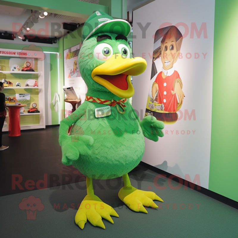 Green Chicken mascot costume character dressed with a Culottes and Shoe laces Green Chicken mascot costume character dressed with a Culottes and Shoe laces