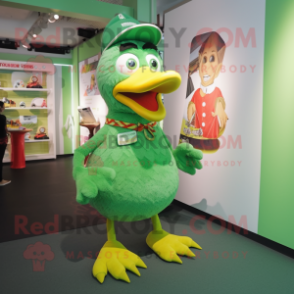 Green Chicken mascot costume character dressed with a Culottes and Shoe laces