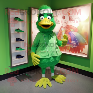 Green Chicken mascot costume character dressed with a Culottes and Shoe laces