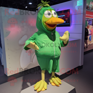Green Chicken mascot costume character dressed with a Culottes and Shoe laces