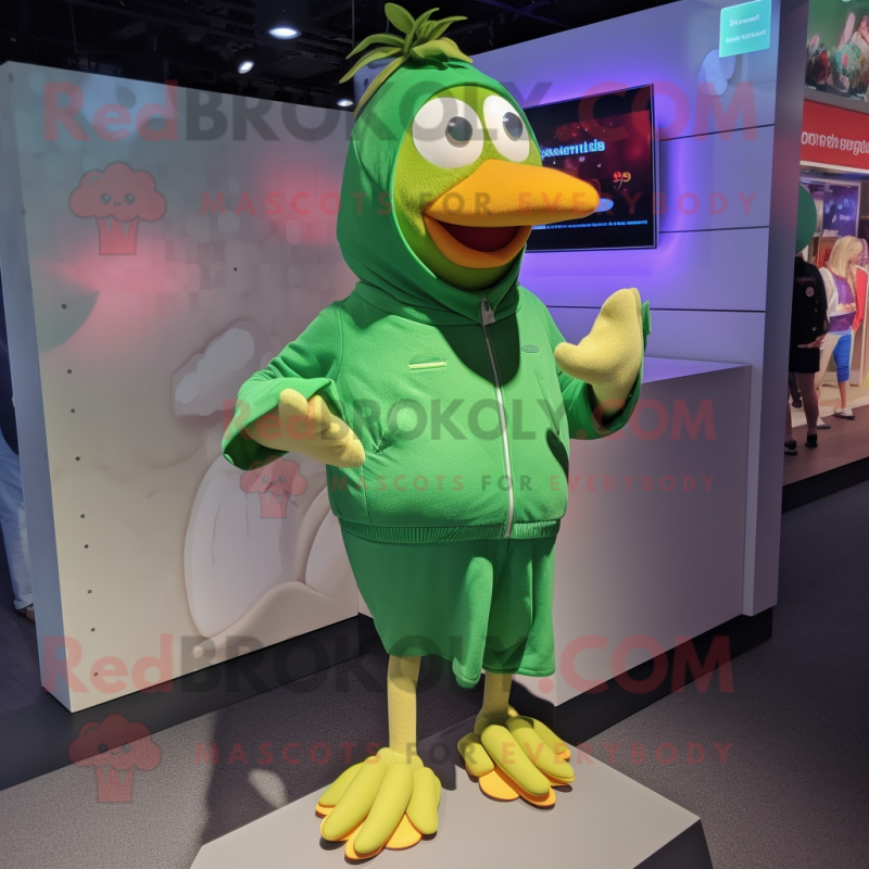 Green Chicken mascot costume character dressed with a Culottes and Shoe laces Green Chicken mascot costume character dressed with a Culottes and Shoe laces