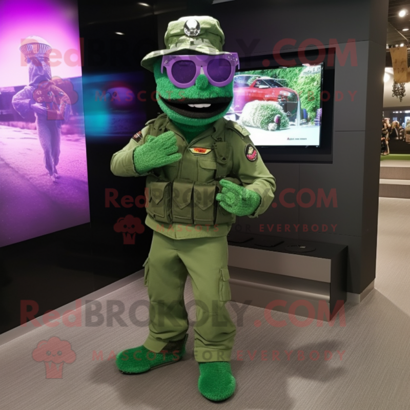Lavender Green Beret mascot costume character dressed with a Trousers and Digital watches Lavender Green Beret mascot costume character dressed with a Trousers and Digital watches