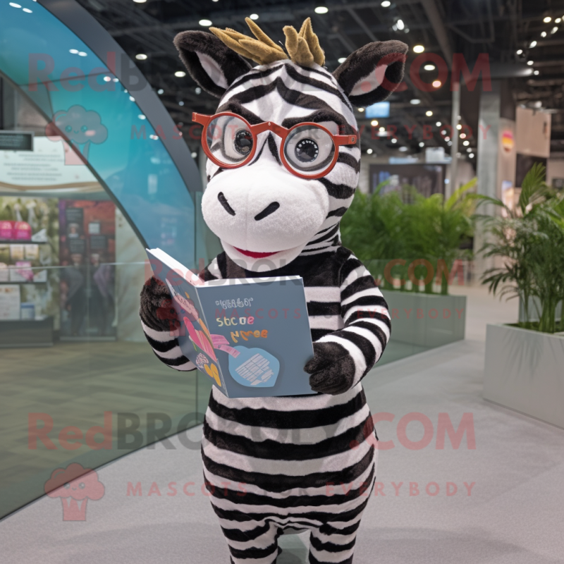 nan Zebra mascot costume character dressed with a Mini Dress and Reading glasses