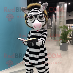 nan Zebra mascot costume character dressed with a Mini Dress and Reading glasses
